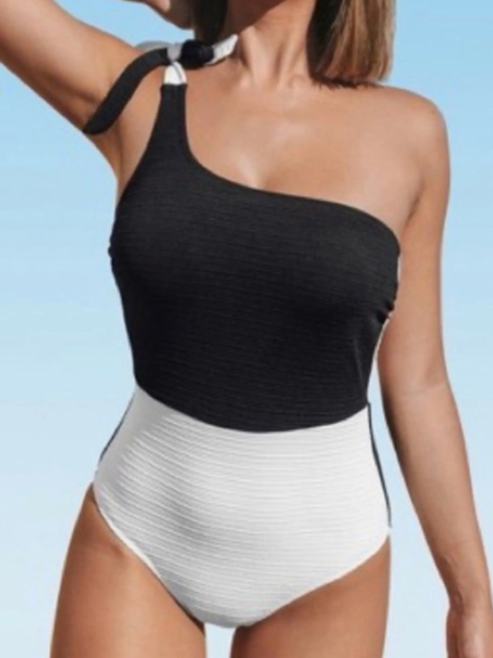 NWT Cupshe Black & White One-Shoulder Colorblock One Piece Swimsuit Large